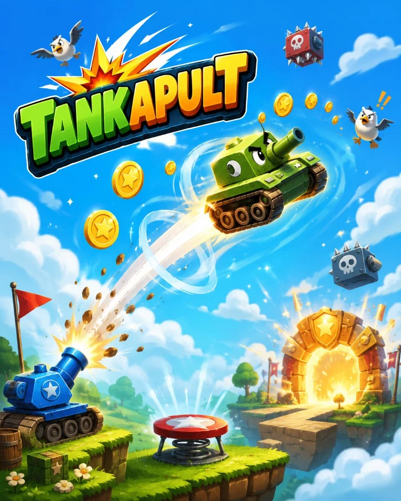 Tankapult : un tank propulsé dans un ciel bleu, entre pièces et obstacles