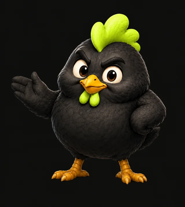 Ysko, la mascotte de YSkill Studio : un poulet rond au plumage anthracite et à la crête citron, qui vous souhaite la bienvenue.